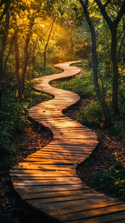 Sonnendurchfluteter Waldweg, Sinnbild fuer den Lebensweg und Longevity